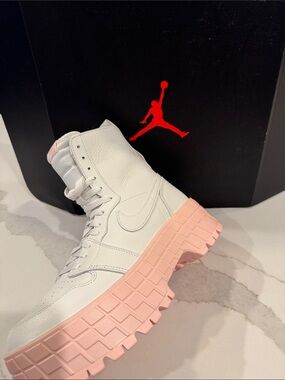 Jordan Women's White Leather High-Top with Pink Chunky Sole